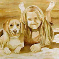 "On the Beach with Puppy," Watercolor on Paper