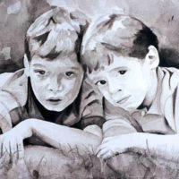 "Contemplative Boys," Watercolor on Paper, 22" x 30"