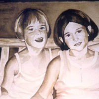 "Sisters on a Bench," Watercolor on Paper, 15" x 22"