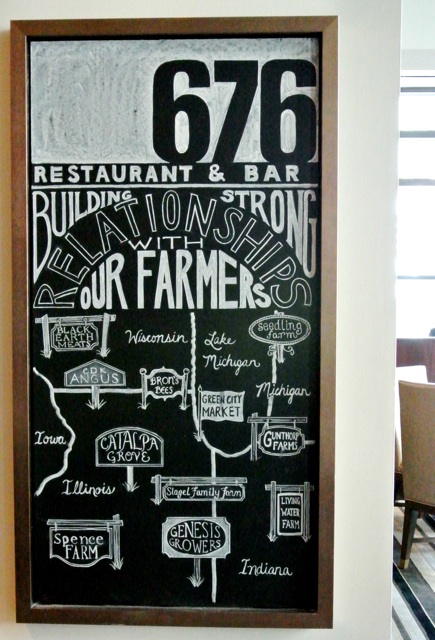 This board is also in the dining room, highlighting 676's relationships with local farmers throughout the midwest.