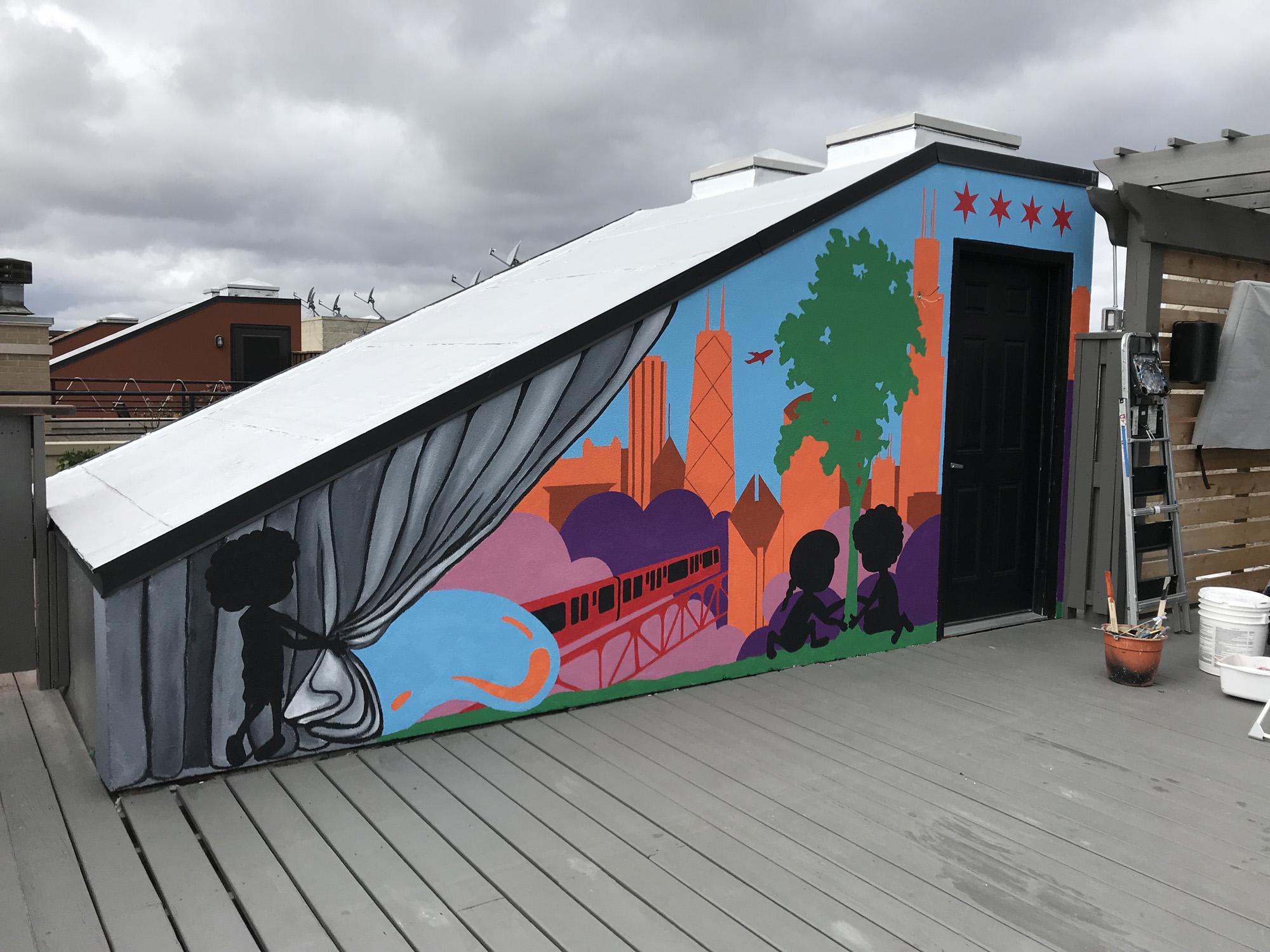 Painted mural on rooftop patio