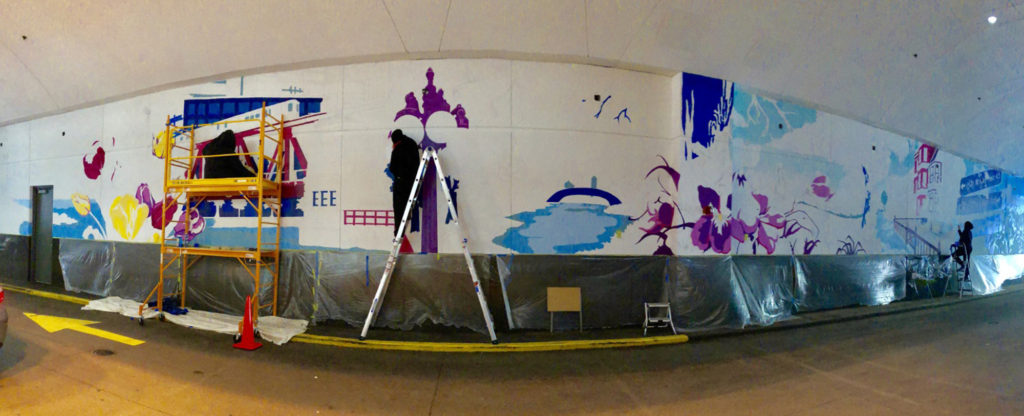 Panorama view of Urbs in Horto mural in progress