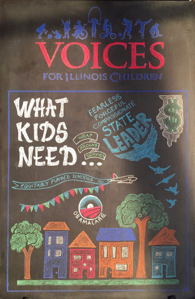 Chalkboard for Voices for IL Children featuring text and images about "What Kids Need"